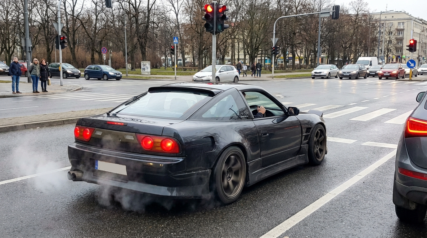 Revving engine at stoplight.